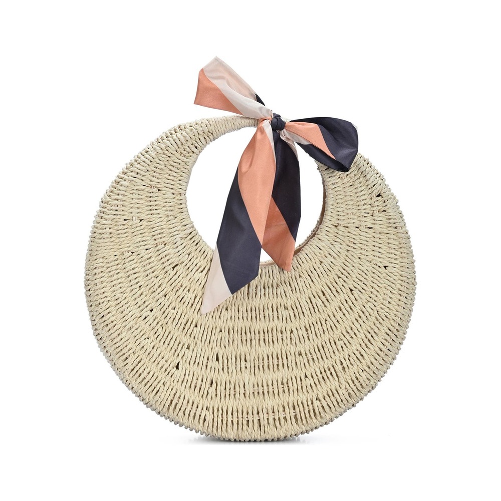 Madison West Circular Structured Woven Straw Tote Bag w/ Striped Scarf Accent